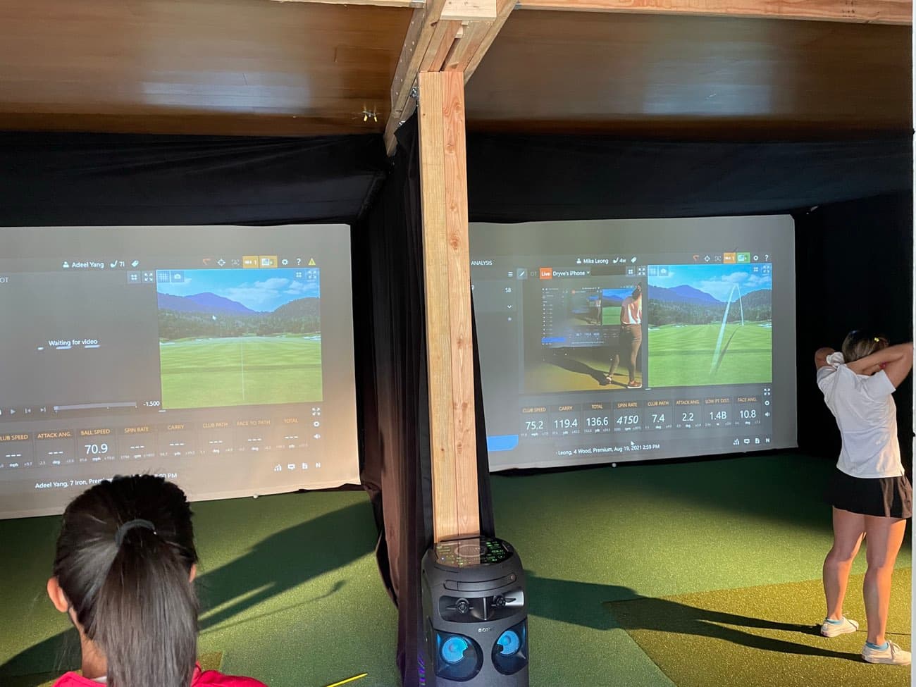 The two indoor TrackMan golf simulator bays at Lincoln Park Golf Course