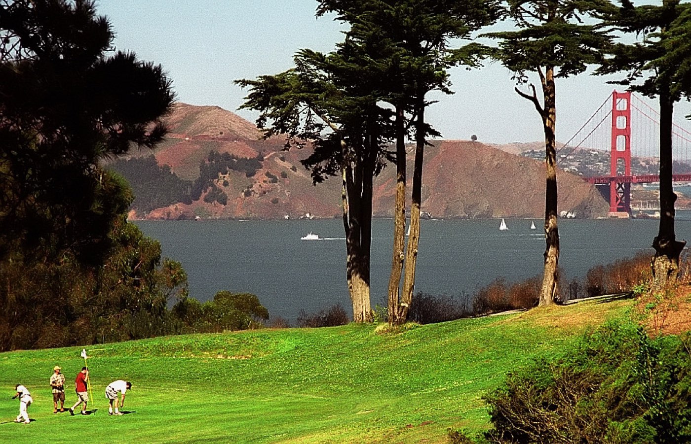 The 17th green at Lincoln Park Golf Course overlooking the Golden Gate Bridge and the Pacific Ocean in San Francisco